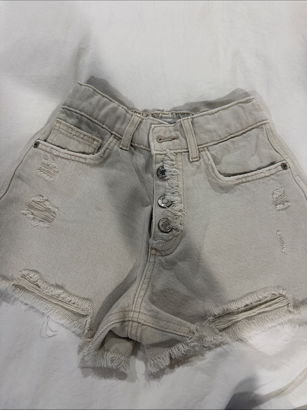 Zara Light Gray Distressed Button-Fly Jean Shorts